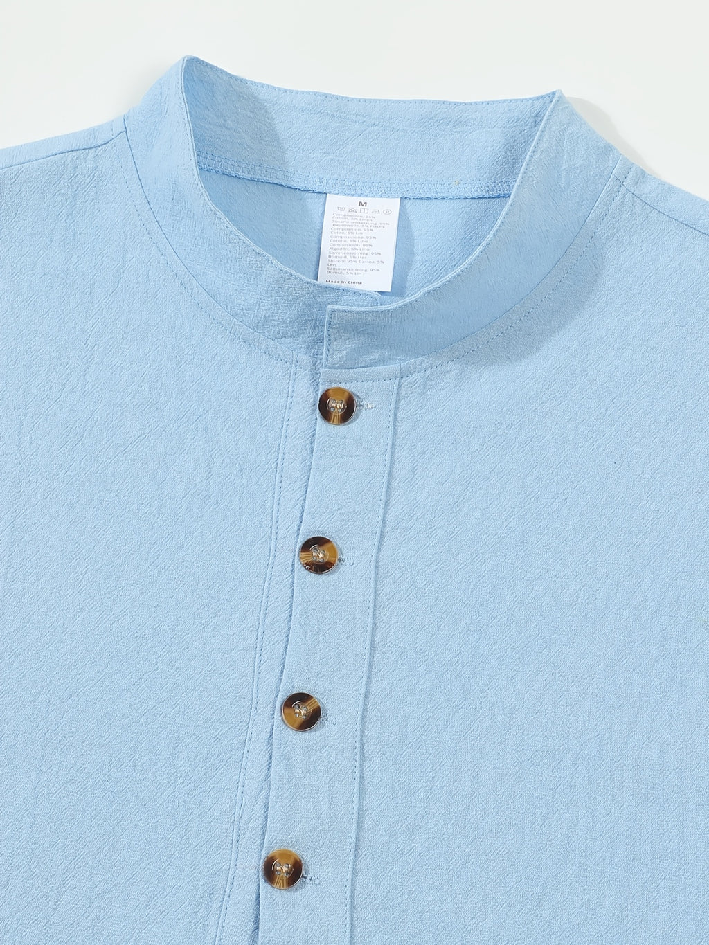 New Men's Cotton-Cotton And Linen Blend Blend Stand Collar Henley Short Sleeve T-Shirt, Half-Open Placket Button Casual Breathable Lightweight Summer Beach Top - Sky Blue
