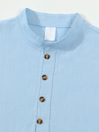 New Men's Cotton-Cotton And Linen Blend Blend Stand Collar Henley Short Sleeve T-Shirt, Half-Open Placket Button Casual Breathable Lightweight Summer Beach Top - Sky Blue