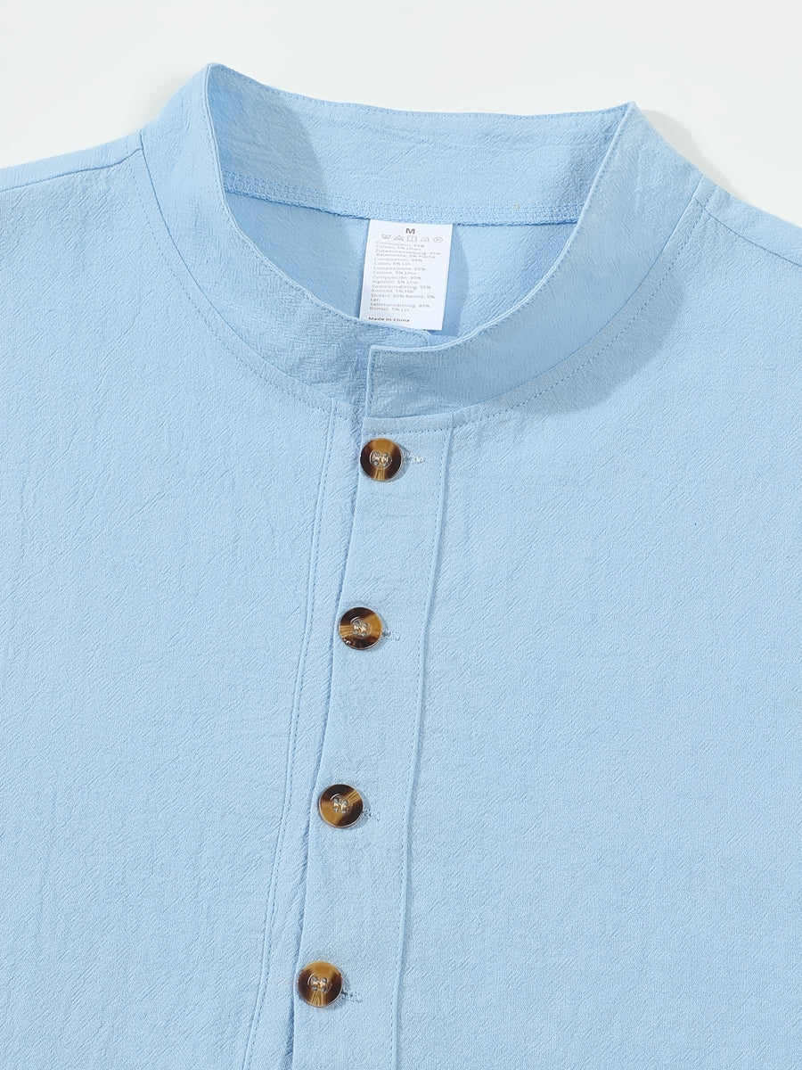 New Men's Cotton-Cotton And Linen Blend Blend Stand Collar Henley Short Sleeve T-Shirt, Half-Open Placket Button Casual Breathable Lightweight Summer Beach Top - Sky Blue