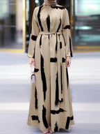 Women Ramadan in the Middle East All-Over Print Collared Tie Waist Long Sleeve Dress - Polychrome