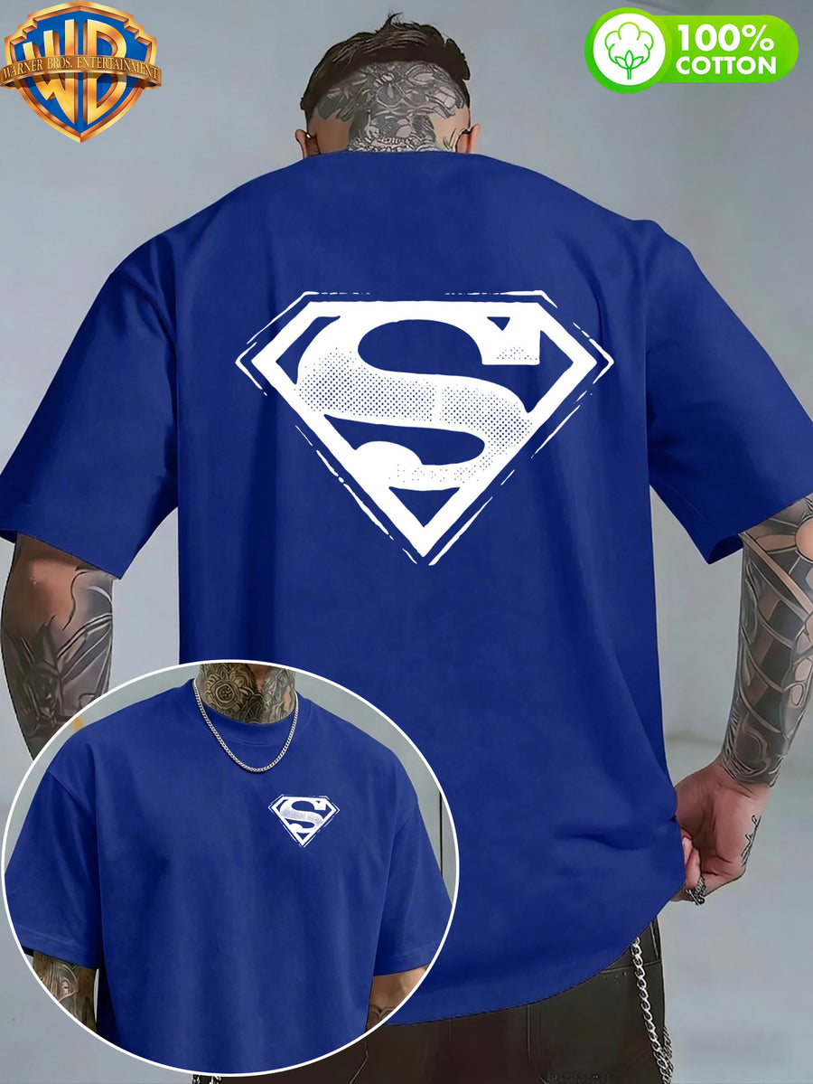 1pc WB Warner Bros. Official DC Superman Icon T-Shirt - Men's & Unisex Vintage Print, 100% Cotton Loose Fit Short Sleeve Tee with Superman, Casual Round Neck Shirt Suitable for Gym, Office, Daily Wear - Father's Day Gift for - Blue
