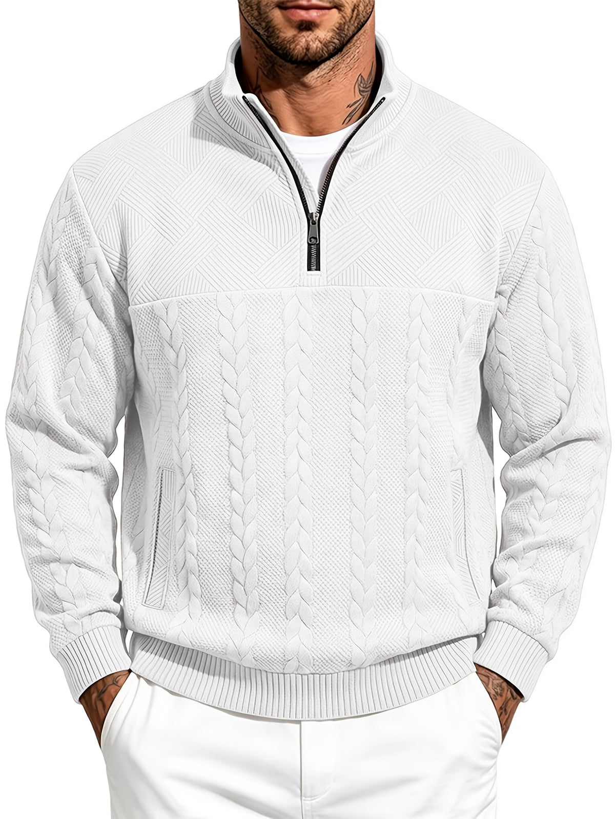 Whale Crossing OBM Men's Spring, Autumn, Winter Classic Fashion Italian Milanese Label Knitted Cable Knit Stand Collar Sweatshirt - White