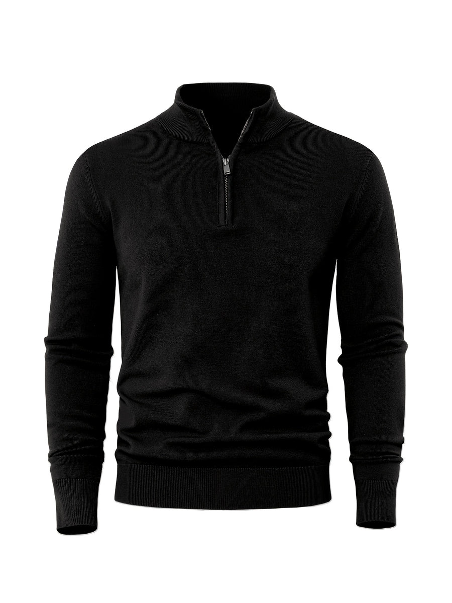 2025 New Men's Casual Solid Color Knit Zip-Front Sweater - Thickened Warm Top - Fashionable Minimalist Style with Medium Stretch for Daily Comfort, Men's Essential Cold-Weather Item, High-Quality Autumn/Winter Fashionable and Mature Pullover - Black