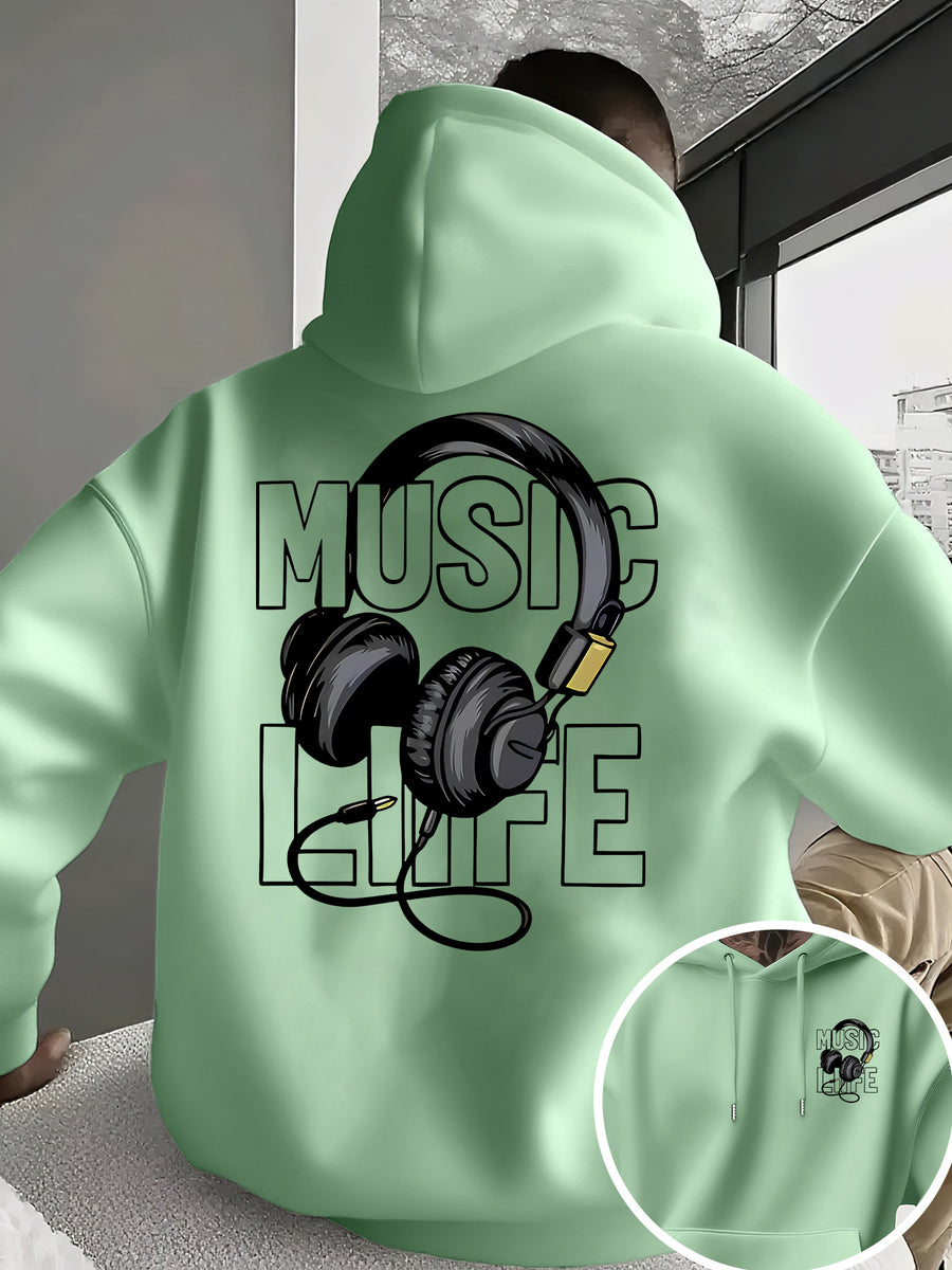 Men's New Trendy Hoodie, Casual Daily Drawstring Hooded Sweatshirt with MUSIC Print, Headphones, Front Kangaroo Pocket, Men's Top - Pea Green Color