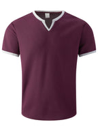 Men'S Solid Waffle Knit V-Neck Tee, Contrast Edge Short Sleeve Casual Daily T-Shirt - Burgundy