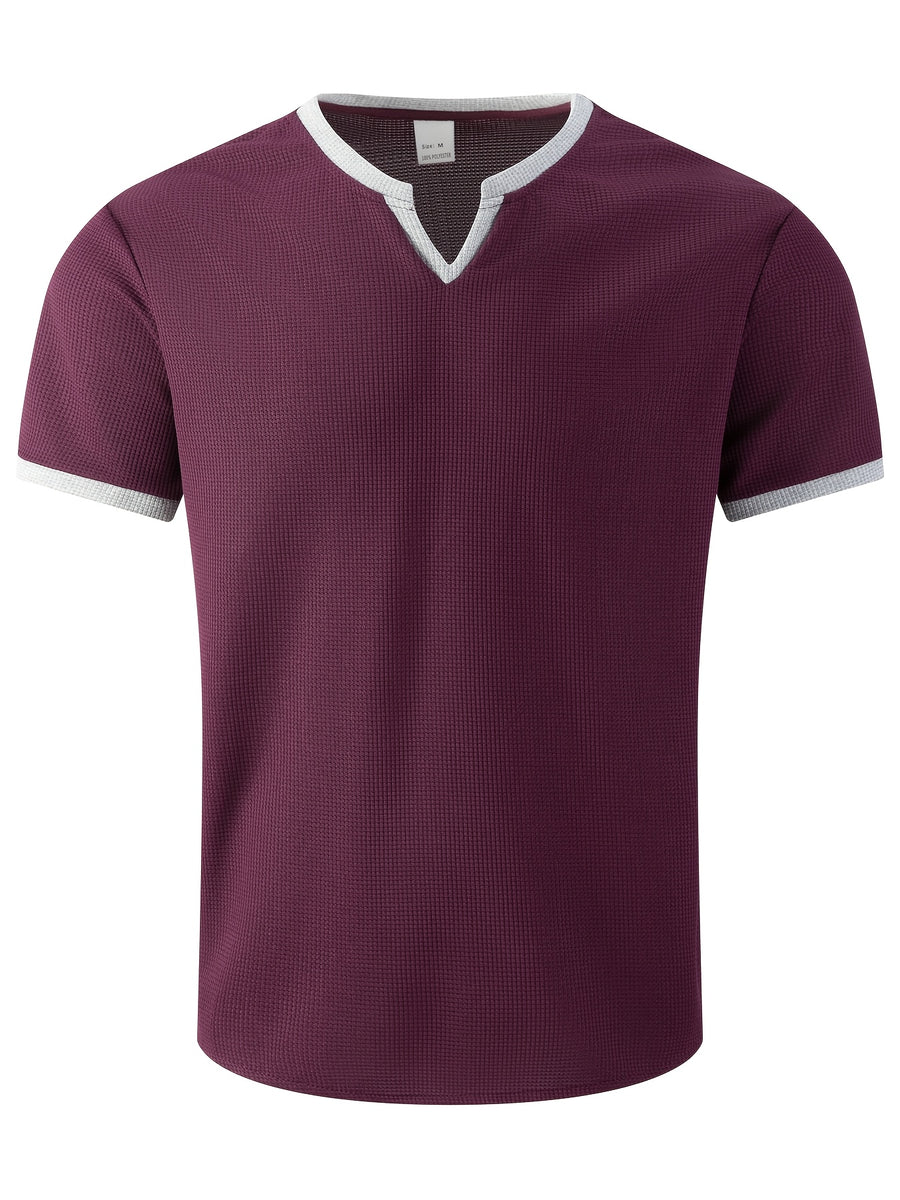 Men'S Solid Waffle Knit V-Neck Tee, Contrast Edge Short Sleeve Casual Daily T-Shirt - Burgundy
