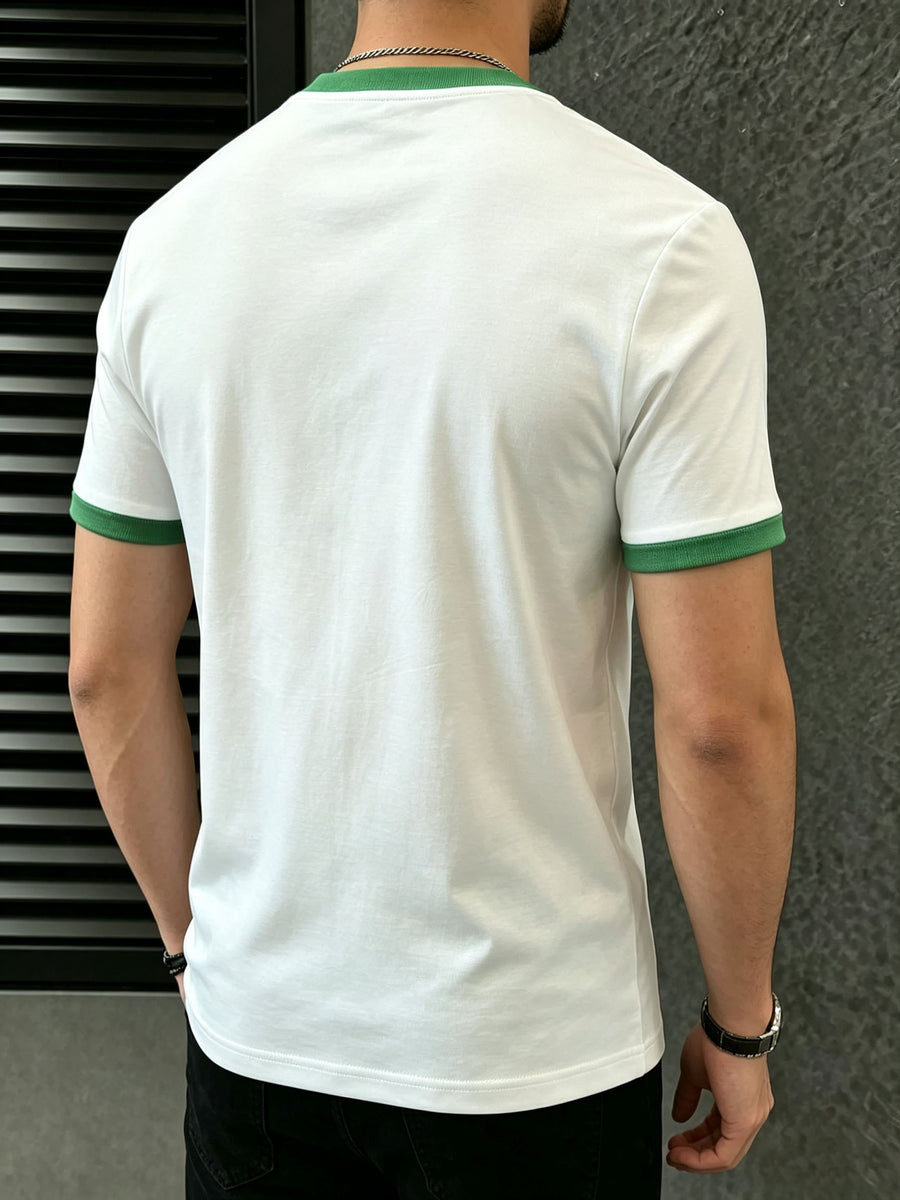 Men's 95% Polyester T-Shirt with Color-Block Patch & Badge Detail - Crew Neck Base Layer Suitable for Casual, Sportswear, All-Season Wear, Machine Washable, High-Fit Regular Fit Top for Layering and Everyday Use - White Green