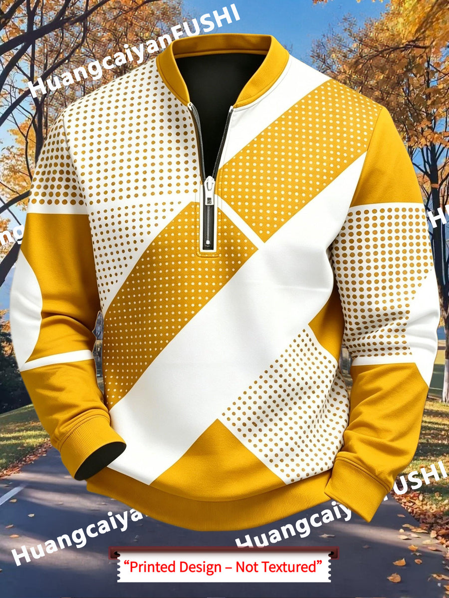 Men'S Autumn Winter Polo Zipper Sweatshirt, Classic Trendy New Half-Zip POLO Sweatshirt, American Retro Geometric Color-Block Print, Polo Stand Collar, Machine Washable, Daily Casual Party Outdoor Essential, Fashionable Long Sleeve Athletic Top - Mixed Color 2