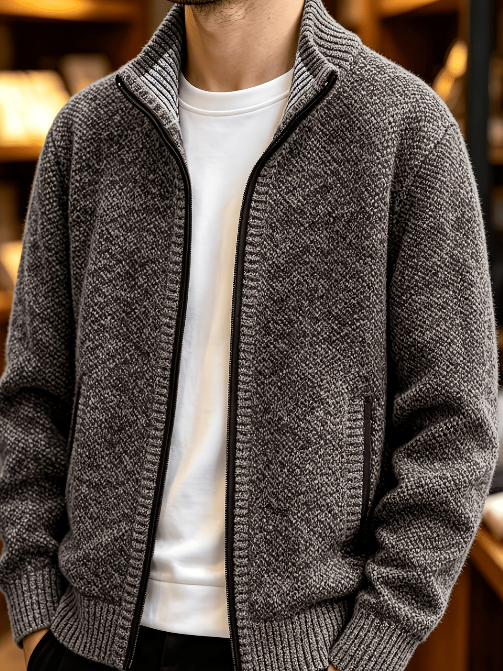 A Single Men's Thick Knitted Sweater Jacket, Made of Soft and Plush Fabric to Keep Warm and Comfortable, Easy to Match for Daily Commuting and Leisure. (Includes Only One Jacket) - Coffee Color
