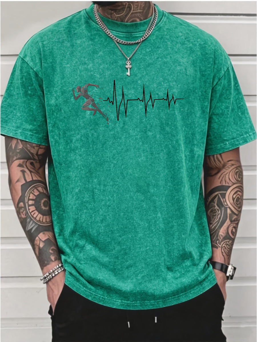 Men's Washed Short-Sleeve T-Shirt, Made of Pure Cotton Fabric That Is Breathable and Skin-friendly. The Relaxed Fit Is Comfortable and Versatile. Features a Creative Print of a Runner on the Front + EKG, Combining Athletic Passion with the Rhythm - Green