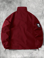 Men's Stand Collar Jacket with Letter Print, Fashionable and Versatile, Large Pocket Design, Suitable for Outdoor Activities, School, Daily Commute, All-Season Wear. XMJK093 - Burgundy