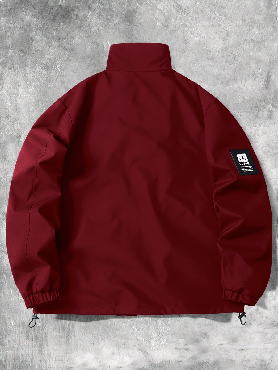 Men's Stand Collar Jacket with Letter Print, Fashionable and Versatile, Large Pocket Design, Suitable for Outdoor Activities, School, Daily Commute, All-Season Wear. XMJK093 - Burgundy