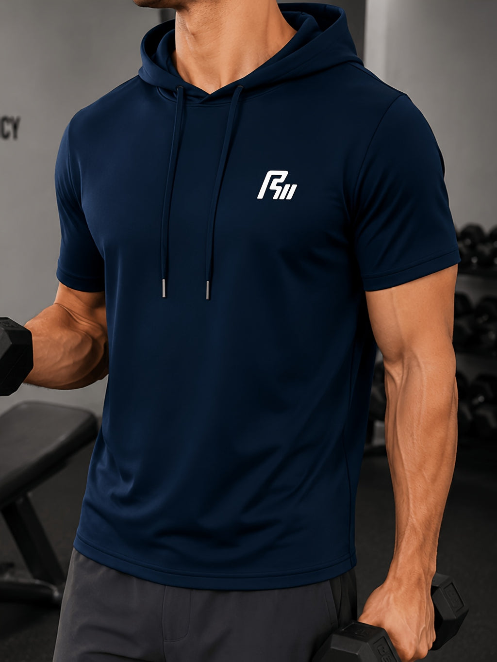 Men'S Summer T-Shirt, Easy Small Logo Print Men'S Hooded Short Sleeve, Soft Comfortable Breathable Versatile Fabric Sports T-Shirt, Loose Slimming Men'S Hoodie Easy Print Top - Navy Color