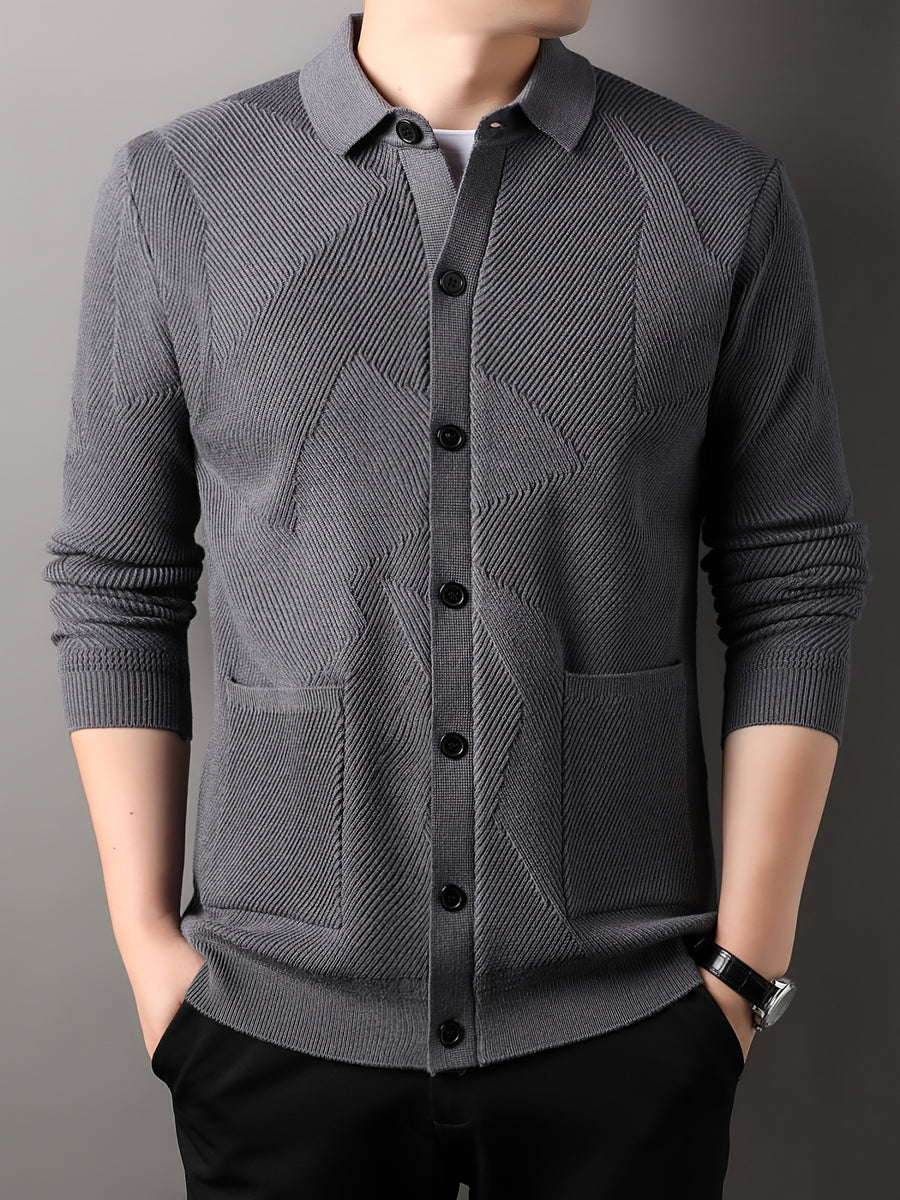 Du Jing Lan OBM Spring/Summer New Arrival Men's Knitted Cardigan, Old Money Style Solid Color Lapel Long Sleeve Open Front Knit Cardigan, Men's Business Casual Fashion Single-Breasted Ribbed Sweater Jacket with Side Pockets, Suitable for Layering - Dark Gray