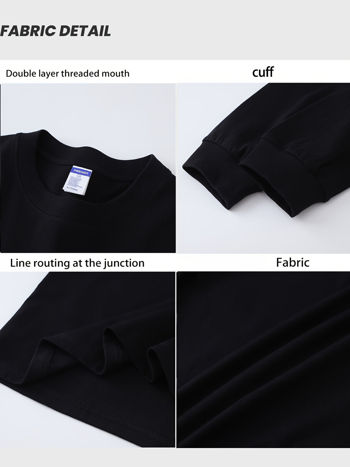 Spring and Autumn New Trendy Printed Long-Sleeve T-Shirt for Men, Heavy-Weight Cotton Casual Loose Breathable Outdoor Sports Top - Black