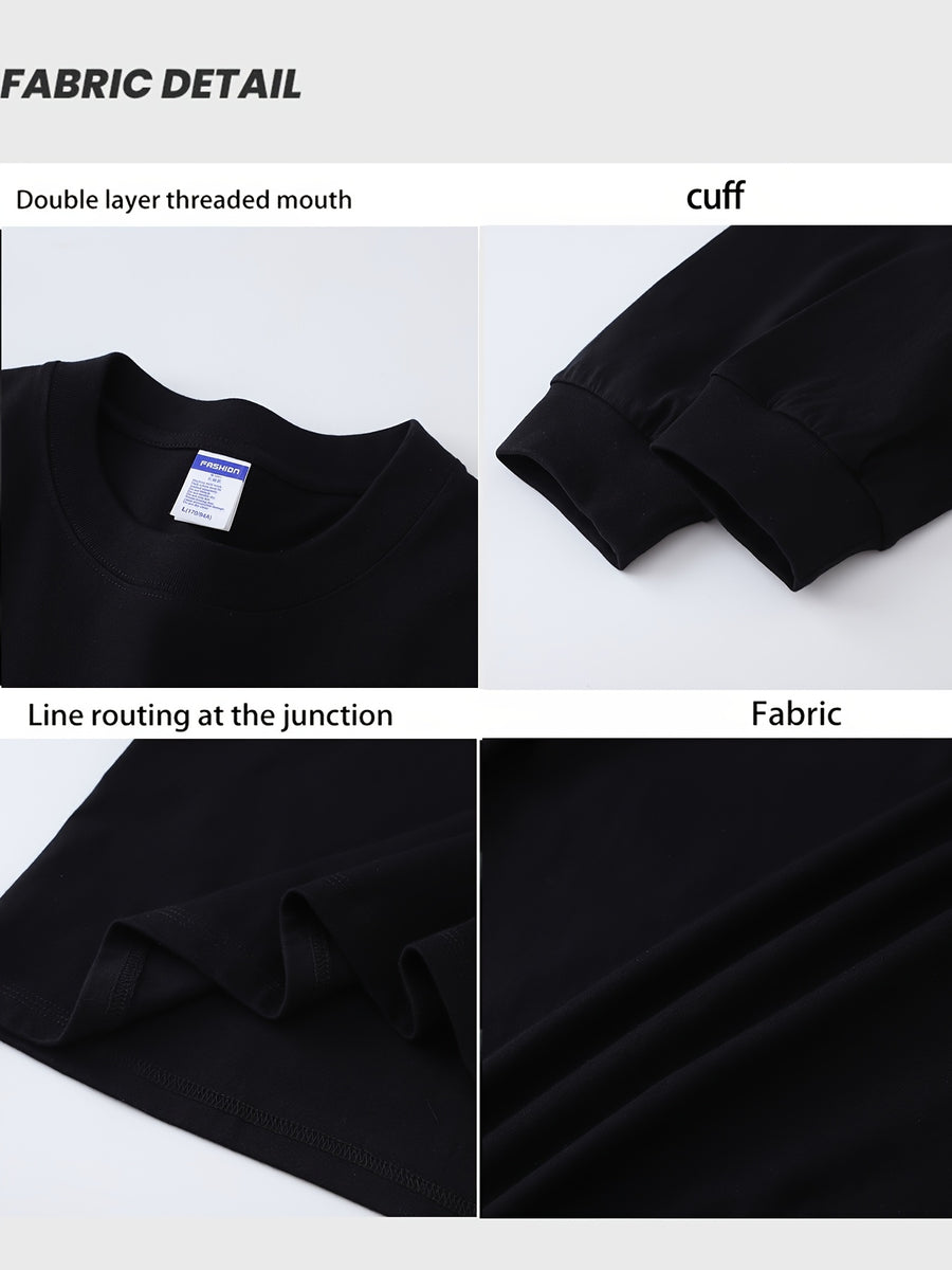 Spring and Autumn New Trendy Printed Long-Sleeve T-Shirt for Men, Heavy-Weight Cotton Casual Loose Breathable Outdoor Sports Top - Black