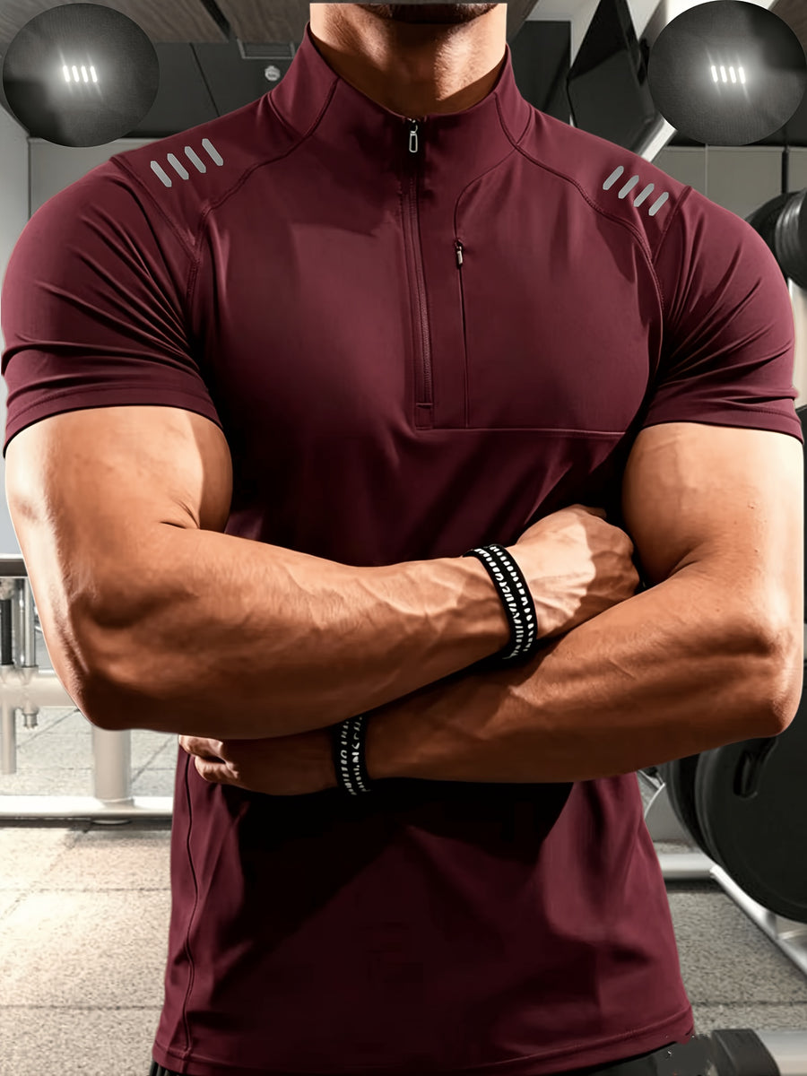 Men'S Muscular Fitness High-Elastic Training Quick-Dry Fitness Wear, Individual Print Patterns, Slim Fit Summer Casual Short Sleeve Shirt T-Shirt - Breathable Elastic Fabric, Stand-Up Collar Design with Open Chest Zipper - Burgundy