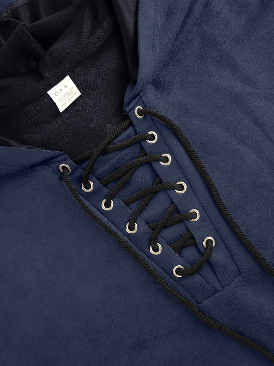 Men'S Drawstring Hooded Sweatshirt, Faux Texture Long Sleeve Hooded Top with Zipper Pockets, Casual Street Style Daily Wear, Gift Idea - Navy Color