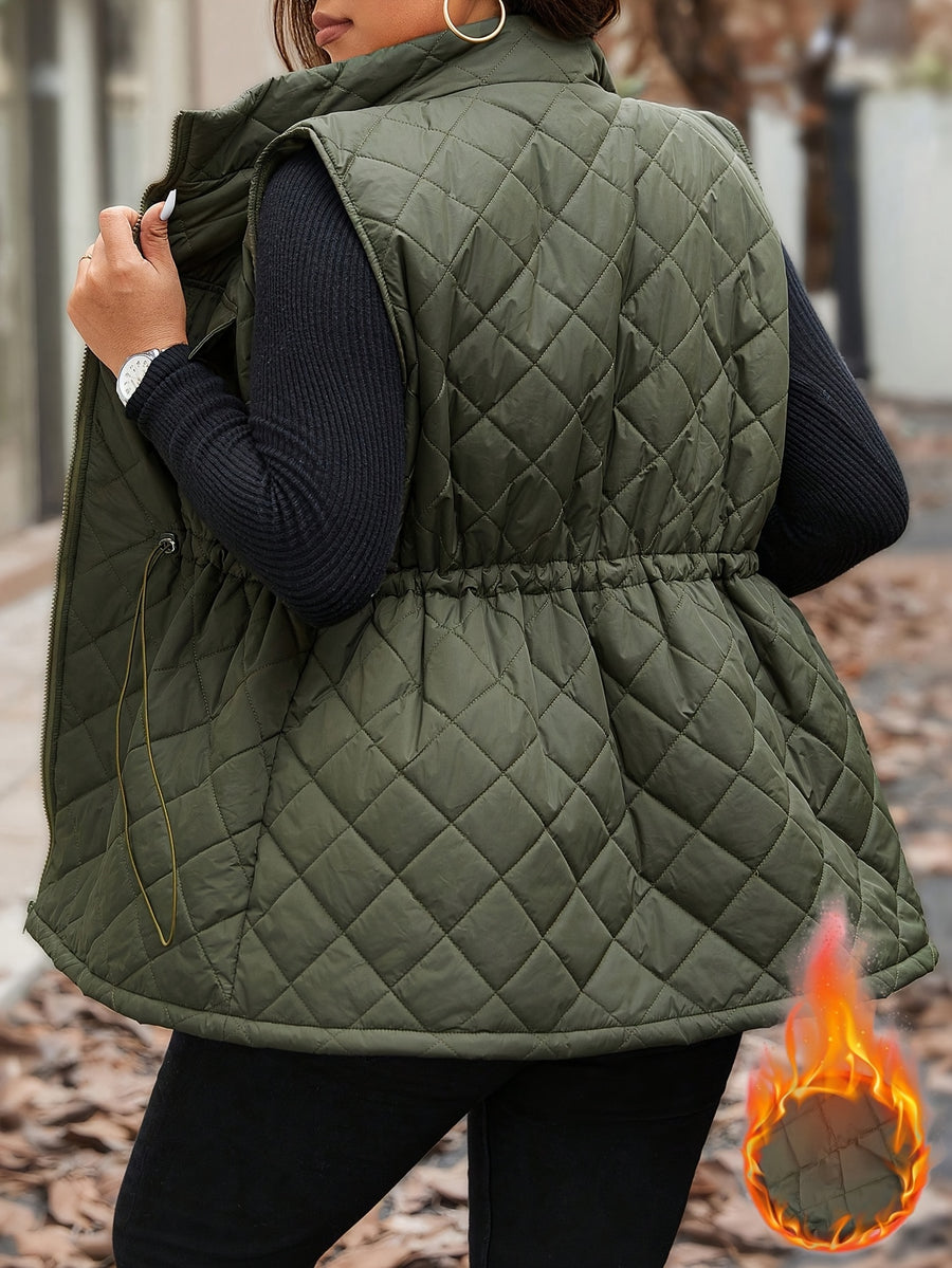 ASD1 Autumn Winter Diamond Quilted Vest Women'S Waist Cincher Drawstring Stand Collar Sleeveless Camisole Thick Warm Casual Outerwear, Western Style New Stand Collar Quilted Vest Women'S Drawstring Waist Pocket Warm Sleeveless Jacket Versatile Top - Olive Green