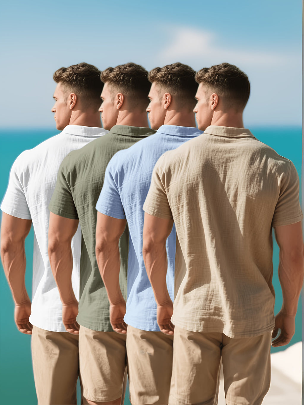 2026 Summer Men's 4pcs Set: Casual Vacation Relaxed Breathable Linen-Textured Business Casual Loose Fit Comfortable Minimalist Basic Style for Seaside Beach Golf Fishing Short-Sleeve Shirt - White Green Blue Card
