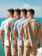 2026 Summer Men's 4pcs Set: Casual Vacation Relaxed Breathable Linen-Textured Business Casual Loose Fit Comfortable Minimalist Basic Style for Seaside Beach Golf Fishing Short-Sleeve Shirt - White Green Blue Card