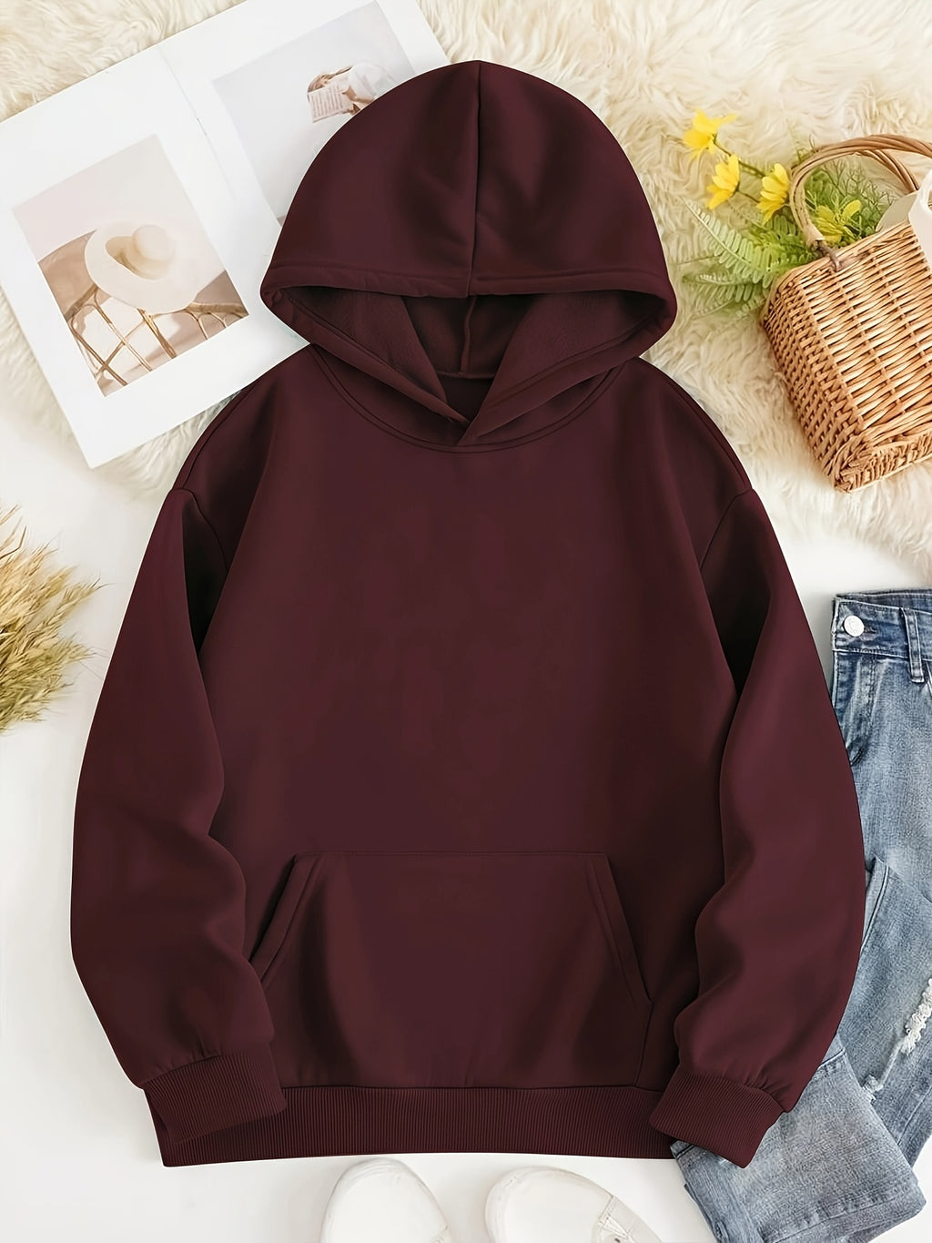 European and American Vintage Minimalist Artistic Style Top, Whale Shark Print Pattern Hooded 1pc Women's Sweatshirt, Loose Autumn/Winter Pullover Top, Relaxed Oversized Fit, Street Hip-Hop Style, with Kangaroo Pocket, No Drawstring - Wine Red 1