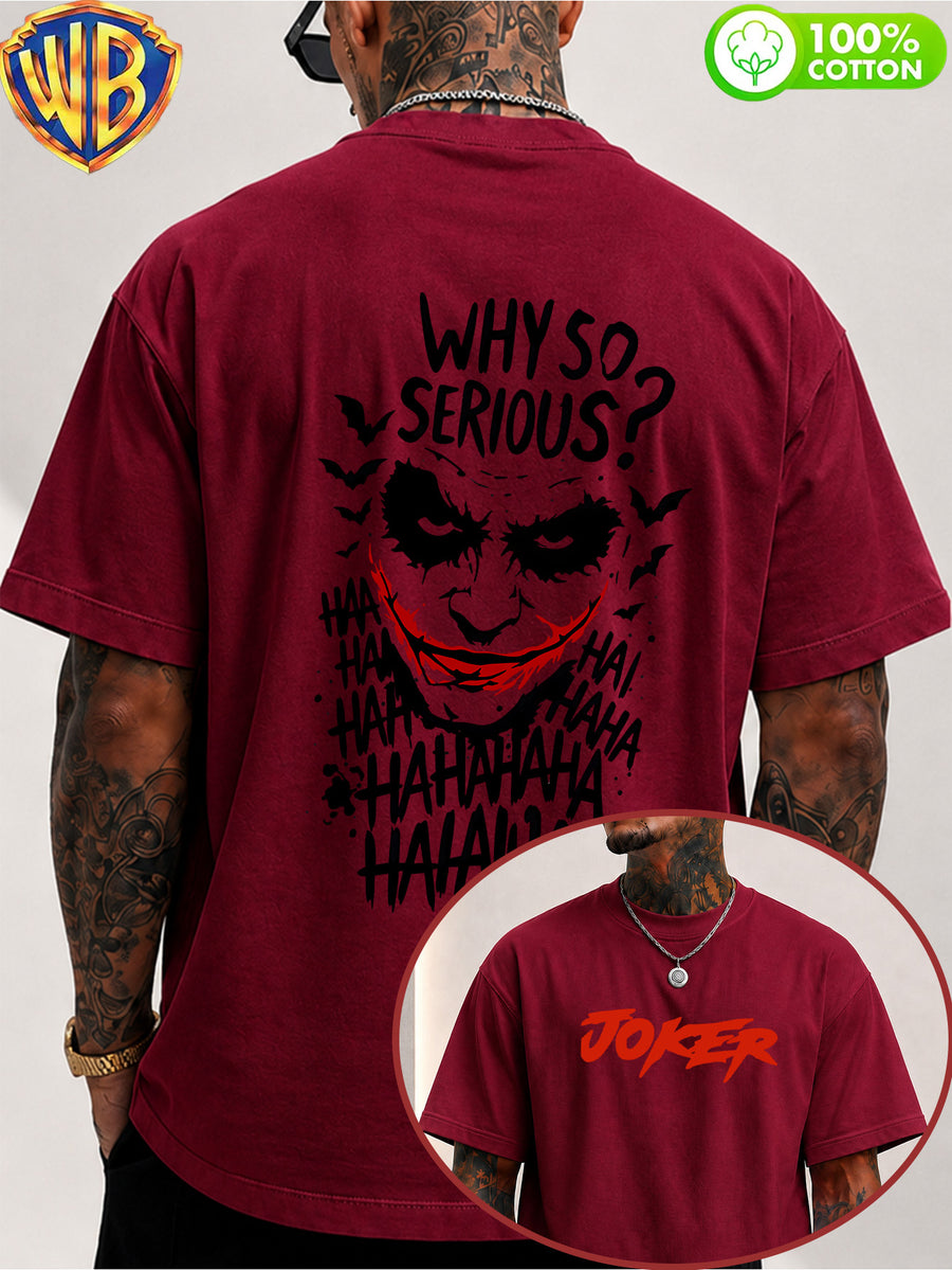 Dark Style Joker "Why So Serious?" Cartoon Print Men'S T-Shirt, Trendy Design Short Sleeve Top, Pure Skin-Friendly Breathable, Casual Versatile Non-Pick Body, Suitable for Daily Commute, Party, Holiday Date, Vacation Travel, Student Outfit - Burgundy
