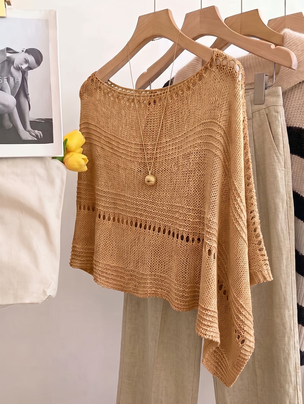 Women's Hollow-Out Cape Top, Boat Neck Irregular Hem Summer Beach Cover-Up, Seaside Bohemian Vacation Style Casual Top, Lightweight Breathable Loose Knitwear, Mesh Detail Horizontal Stripes, Relaxed Layering Style, Suitable for Holidays, Daily Wear - Rust