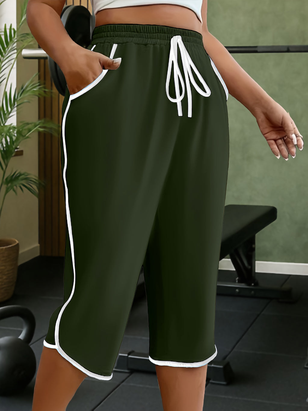 New Spring And Summer Solid Color Casual Comfortable Mid-Length Sweatpants for, Fitness, And with Pockets. - Olive Green
