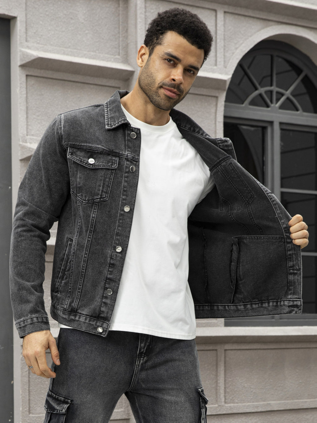 Men'S Trendy Black Gray Denim Jacket - Multi-Pocket All-Season Outerwear, Heavyweight Fabric, Long Sleeve, Lapel, Regular Fit, Casual, Autumn, Daily - Deep Grey