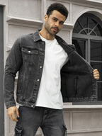 Men'S Trendy Black Gray Denim Jacket - Multi-Pocket All-Season Outerwear, Heavyweight Fabric, Long Sleeve, Lapel, Regular Fit, Casual, Autumn, Daily - Deep Grey