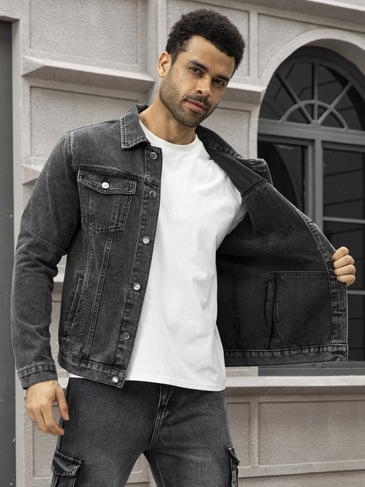 Men'S Trendy Black Gray Denim Jacket - Multi-Pocket All-Season Outerwear, Heavyweight Fabric, Long Sleeve, Lapel, Regular Fit, Casual, Autumn, Daily - Deep Grey
