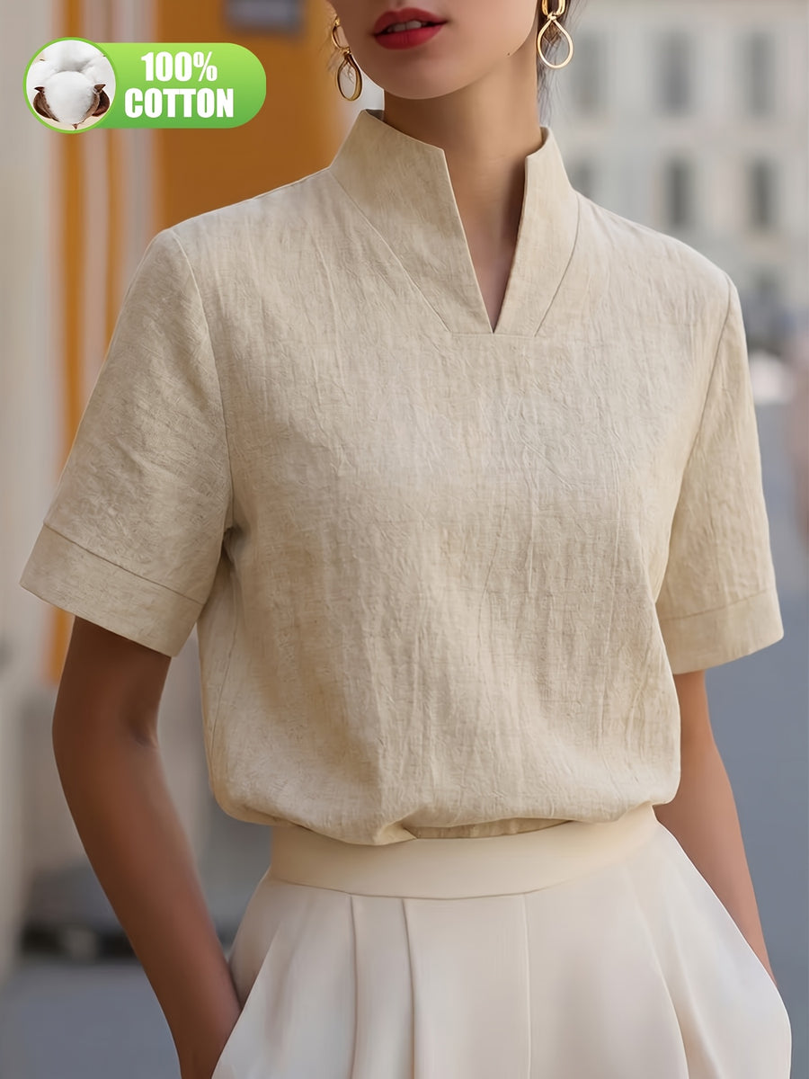 Elegant and Summer New Style Fashionable 100% V-Neck Back Zipper Short Sleeve Everyday Versatile T-Shirt Top ASD1 for Women of Distinguished Temperament - Linen