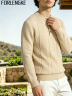 FORLENGKE Autumn/Winter New Arrival Men's American Manor Vintage Style Henley Neck Knit Sweater, Vertical Cable Waffle Knit Patchwork Texture, Regular Shoulder Fitted Cut, Autumn/Winter Manor Vacation Countryside Stroll Coffee Break Daily Streetwear - Flower Yellow