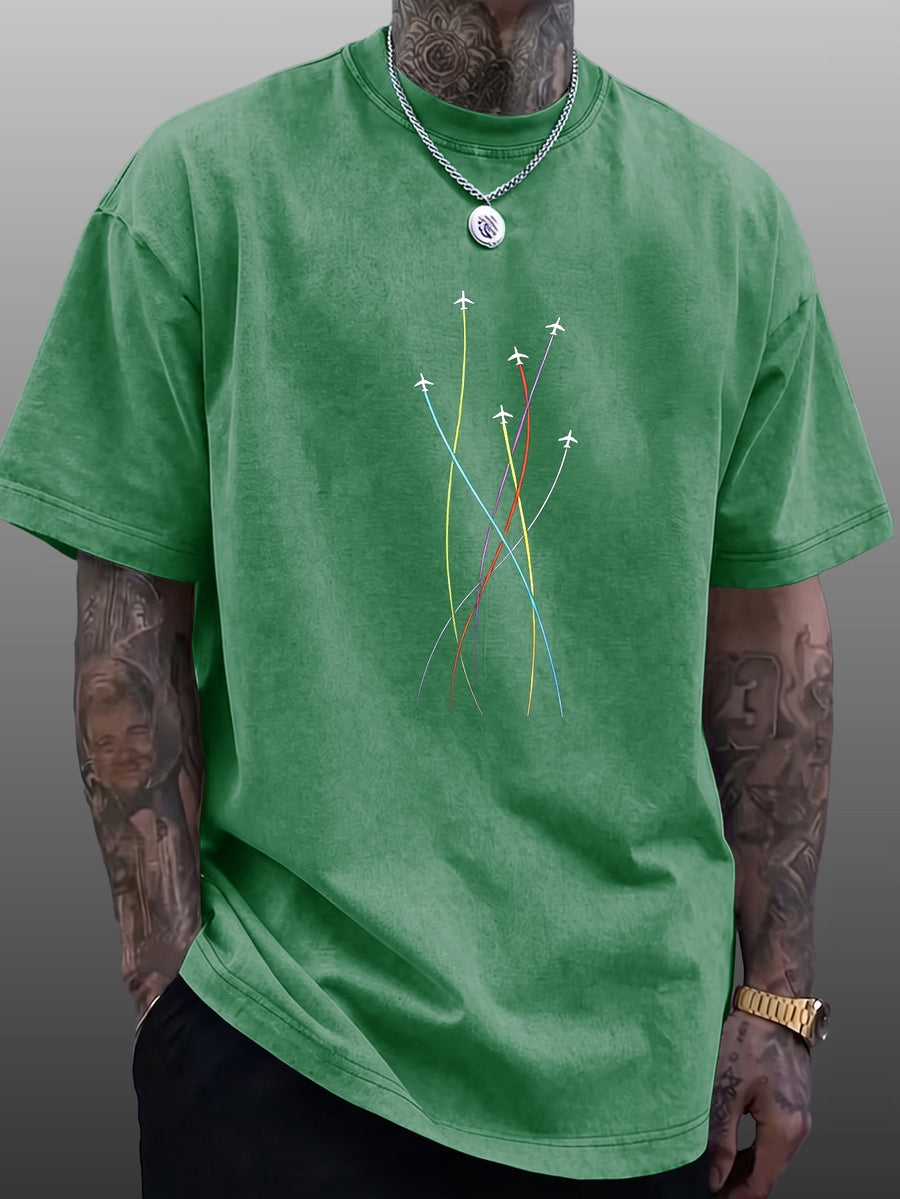 Men's Short-Sleeve T-Shirt, Pure Cotton Loose Fit Half-Sleeve Top, Washed Distressed Colorful Airplane Route Lines, Trendy Reversible Double-Sided Print, Multiple Colors for Mix & Match, American Streetwear Hip-Hop High Street Style, for Daily - Green