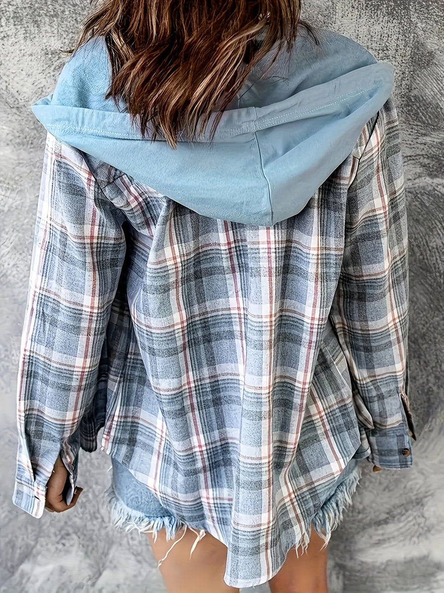 Casual Shirt, Women'S Long-Sleeve Button-Up Hoodie with Checkered Print And Drawstring - Blue