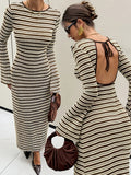 AK260508173 Women's Casual Round Neck Backless Long Sleeve Evening Dress - Stripe