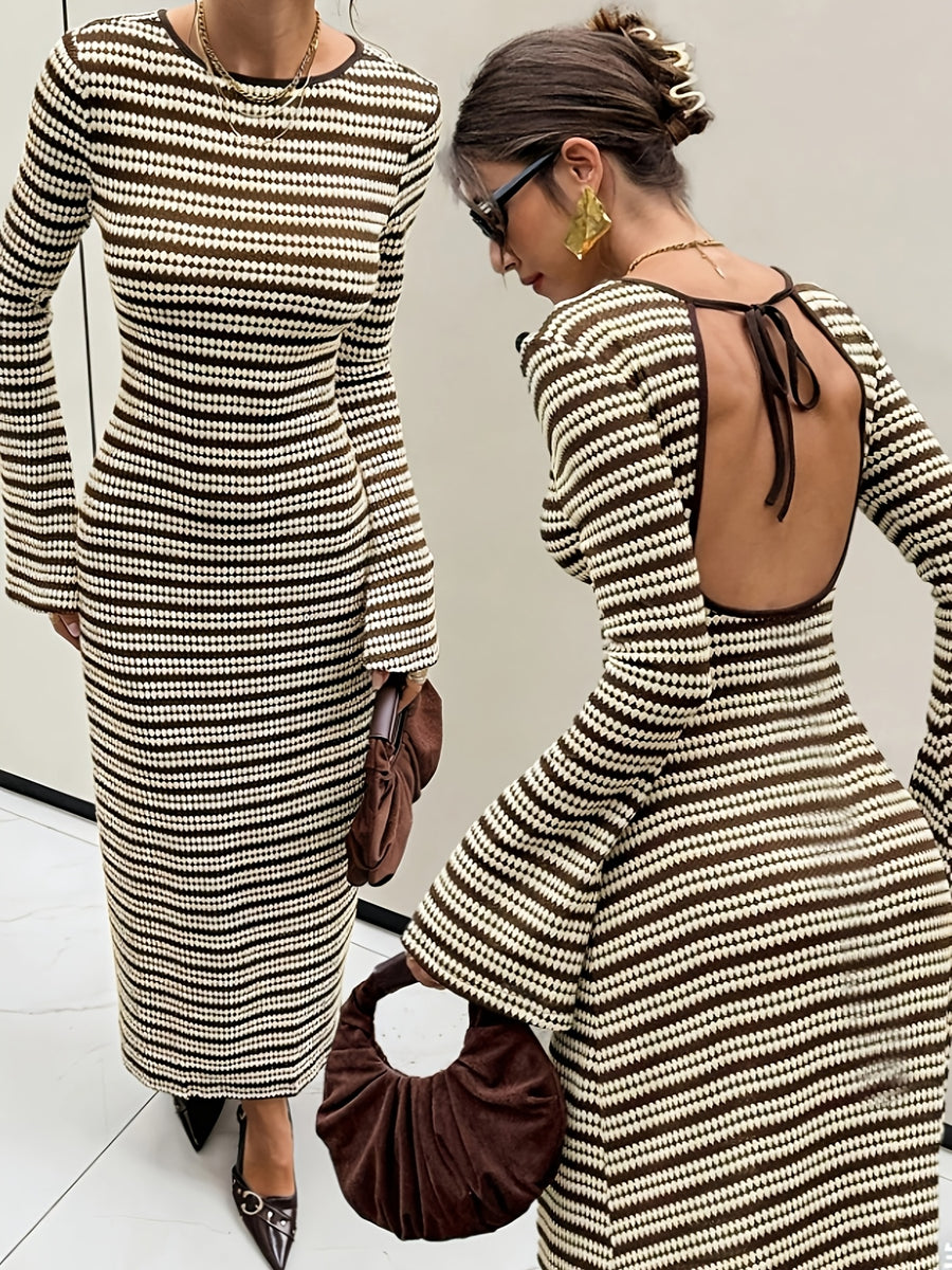 AK260508173 Women's Casual Round Neck Backless Long Sleeve Evening Dress - Stripe