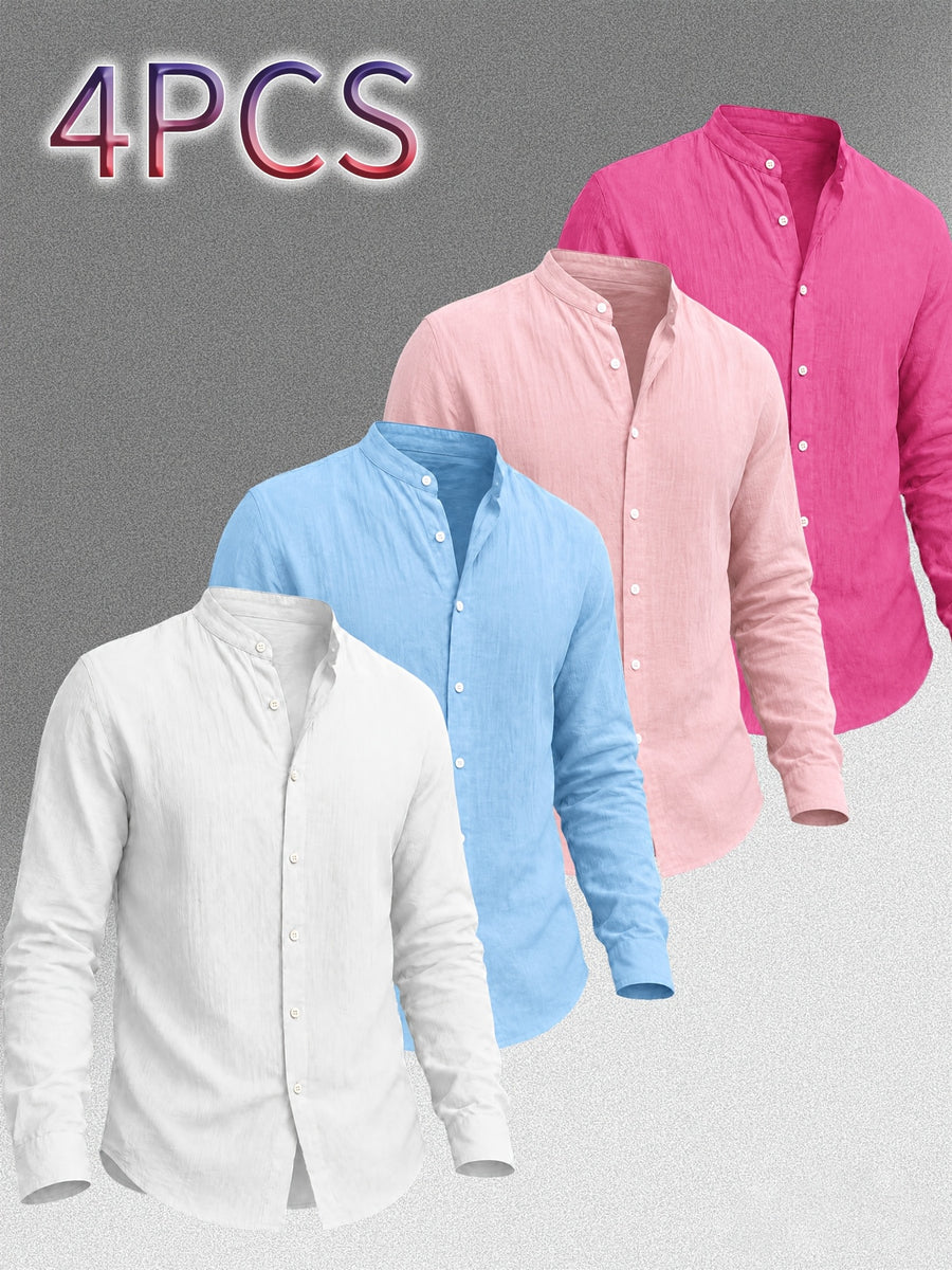 Zhiyu OBM Men's New Stand Collar Solid Color -Look Long Sleeve Shirt 4pcs Set, Simple Stand Collar Design, High-Quality Men's Long Sleeve Button- Shirt for Spring, Autumn, and Winter - Suitable for Outdoor Leisure, Vacation, Travel, and Formal Wear - White + Sky Blue + Pink + Rose Red