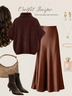 Autumn Winter Fashion Lazy Style Turtleneck Cloak Sweater And Premium Satin Fishtail Half Skirt, Temperament Elegant Commute Two-Piece Set - Coffee Color