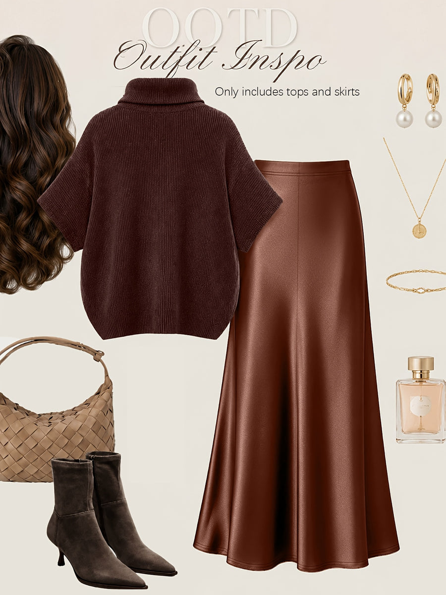 Autumn Winter Fashion Lazy Style Turtleneck Cloak Sweater And Premium Satin Fishtail Half Skirt, Temperament Elegant Commute Two-Piece Set - Coffee Color