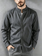 [Know And Give OBM] Men'S Long Sleeve Button-Casual Beach Shirt - Spring Summer Autumn, Commute Style, Light Mature Casual, All-Match Top, Beach Wear, Stand Collar Shirt with Relaxed Fit, Men'S Solid Color, Comfortable Top - Dark Gray