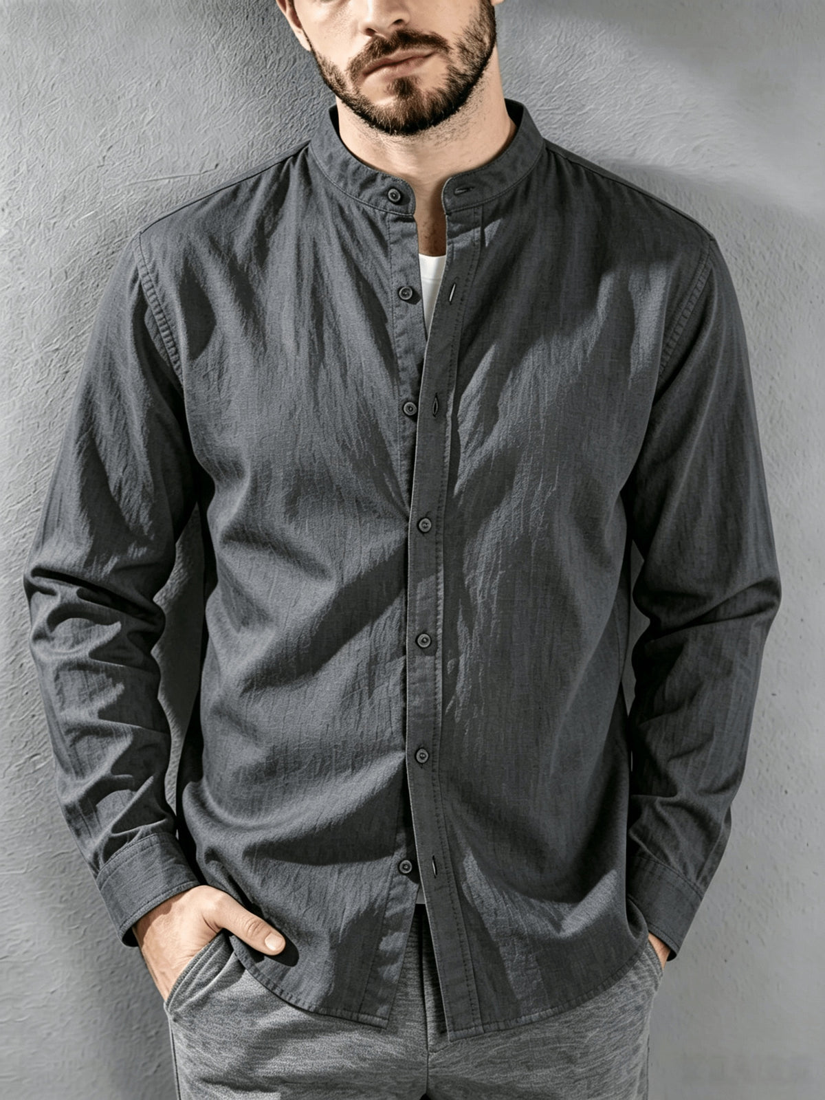 [Know And Give OBM] Men'S Long Sleeve Button-Casual Beach Shirt - Spring Summer Autumn, Commute Style, Light Mature Casual, All-Match Top, Beach Wear, Stand Collar Shirt with Relaxed Fit, Men'S Solid Color, Comfortable Top - Dark Gray