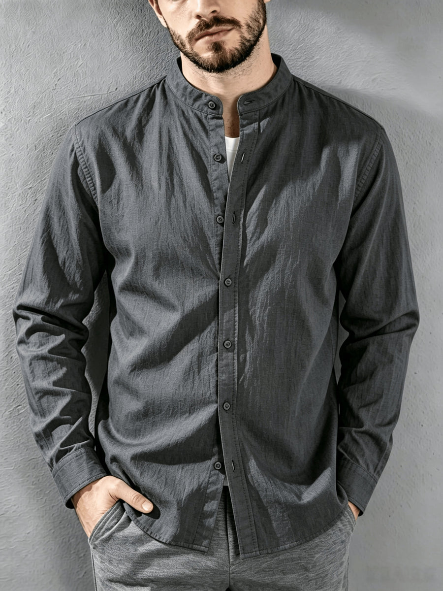 [Know And Give OBM] Men'S Long Sleeve Button-Casual Beach Shirt - Spring Summer Autumn, Commute Style, Light Mature Casual, All-Match Top, Beach Wear, Stand Collar Shirt with Relaxed Fit, Men'S Solid Color, Comfortable Top - Dark Gray