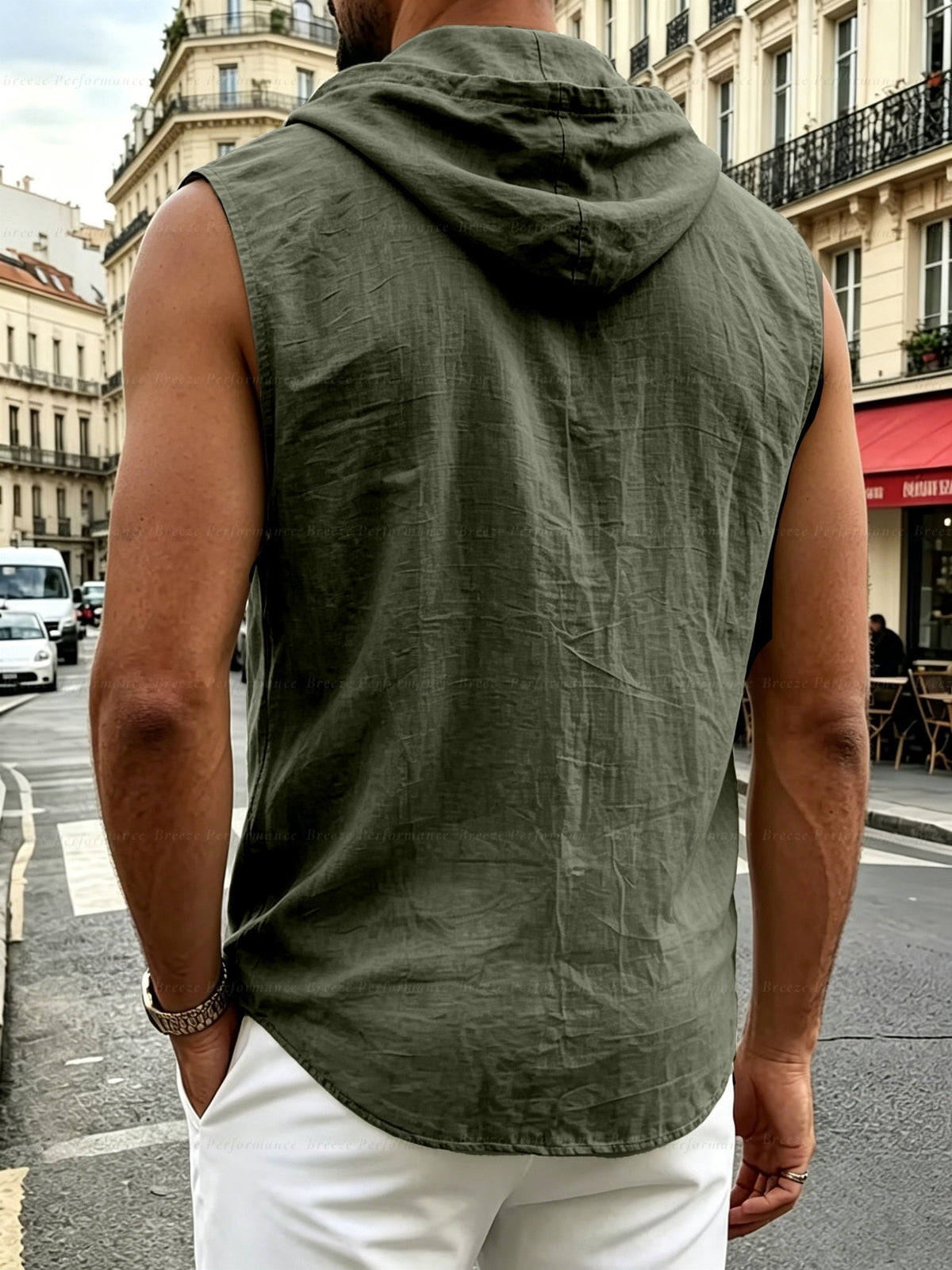 Pearson OBM Men's Sleeveless Hooded Shirt, Upgraded Textured Comfortable and Breathable Fabric Hooded Vest, Men's Linen Fashion Hoodie, Summer Top Casual and Lightweight with Button and Drawstring, Suitable for Outdoor Activities, Beach, and Coast - MT Army Green
