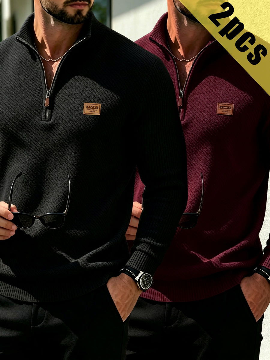 2pcs Men's Fashionable Versatile Top, Twill Texture Half-Zip Stand Collar Long-Sleeve Sweatshirt, Knitted Solid Color Long-Sleeve Casual Top for Daily Leisure, Sports & Fitness, Fashionable and Versatile. Soft, Comfortable, and Stylish Solid Color - Black + Wine Red