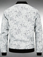 Men's Baseball Collar Print Casual Jacket, Outdoor Windproof Coat with Zipper Pockets Warm Soft Jacket - White