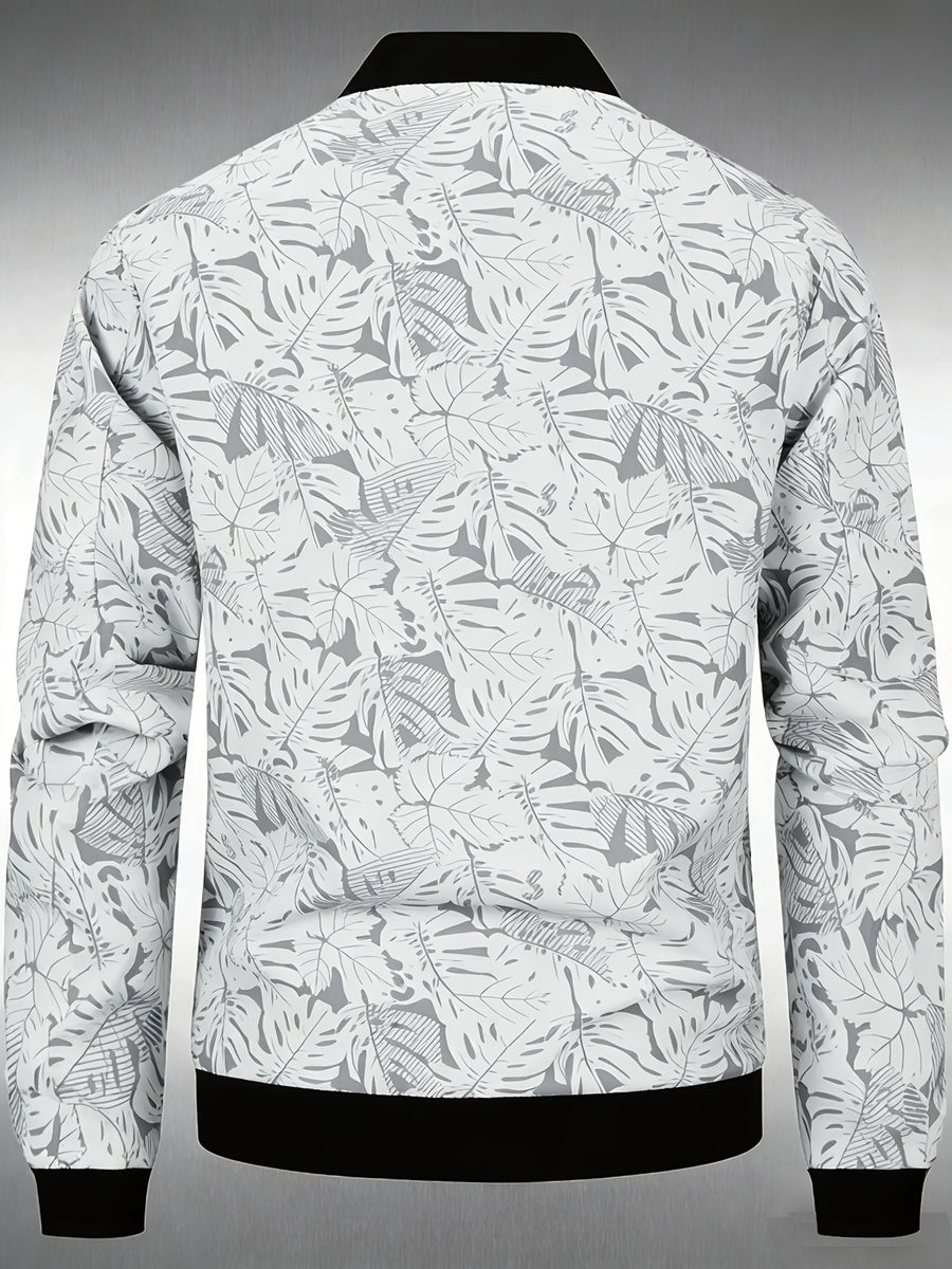 Men's Baseball Collar Print Casual Jacket, Outdoor Windproof Coat with Zipper Pockets Warm Soft Jacket - White