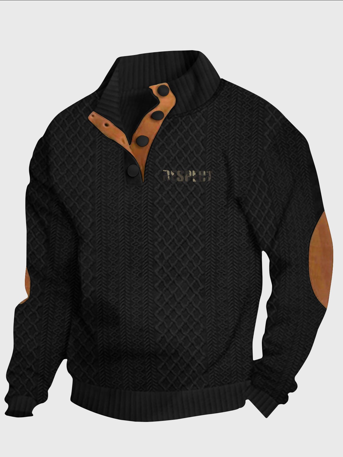 Men'S New Jacquard Top Features a Textured Classic Stand-Up Collar That Enhances The Neck Line, with a Half-Button Placket That Continues The Vintage Henley Shirt Style, Complemented by Patchwork, Making It a Fashionable Knitwear - Black