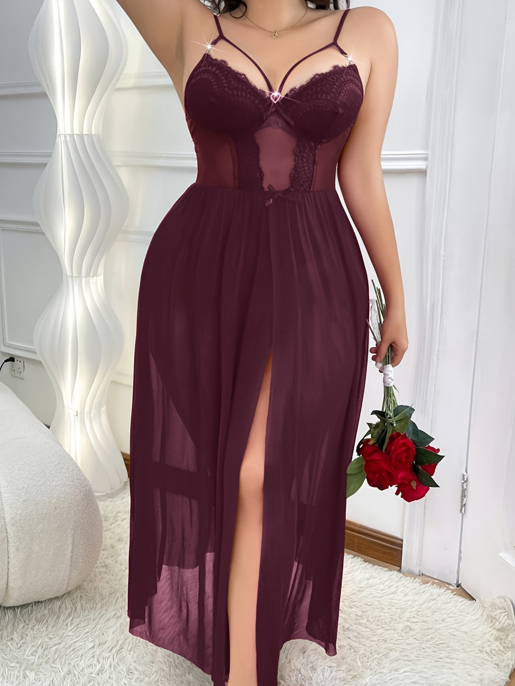 Plus size Women's solid color semi transparent lace patchwork suspender nightgown, heart-shaped rhinestone with bow decoration, casual, loose and comfortable, sexy nightgown, ideal gift for Valentine's Day, Christmas - Maroon